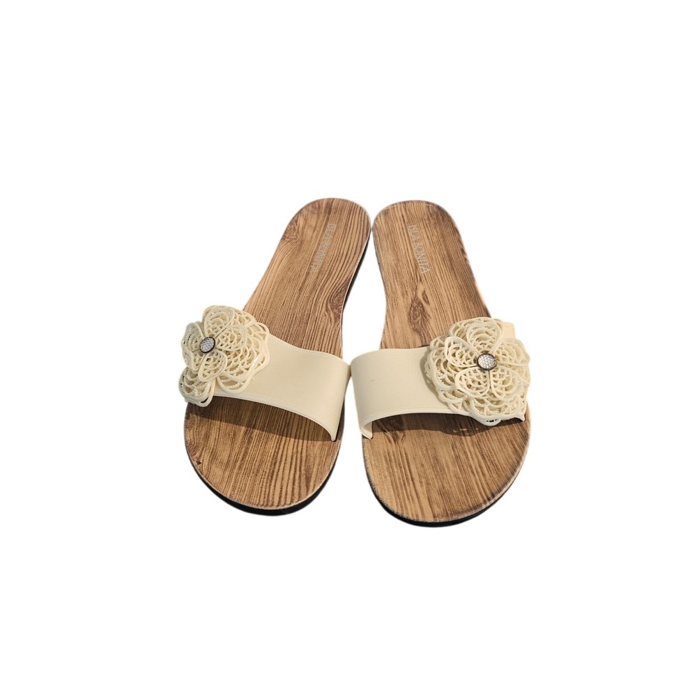 Isla Bonita Womens Slide Sandals Size 8 Cream Floral Faux Wood Grain‎ Rhinestone